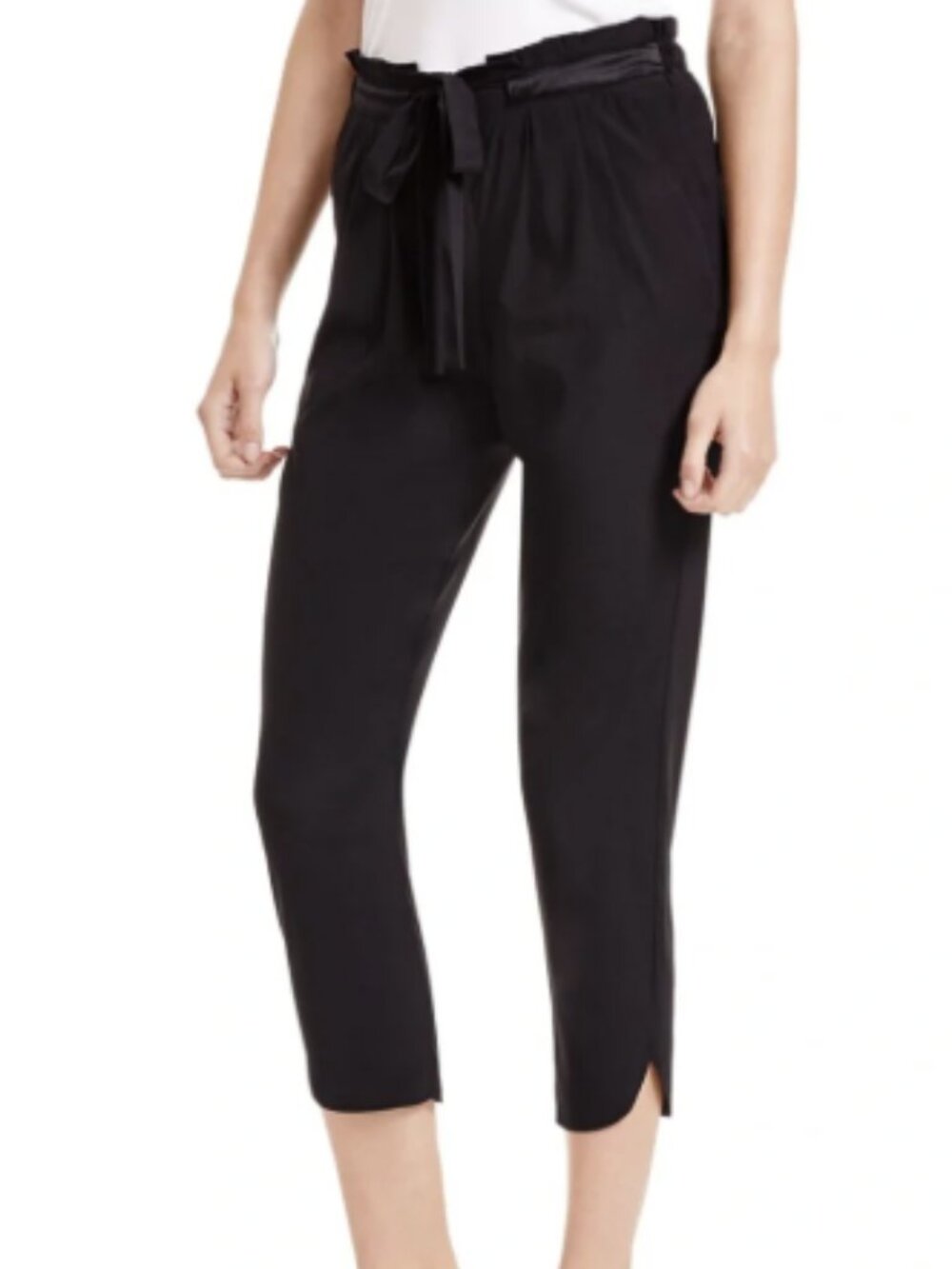 Ramy Brook Allyn Black Silk Tie Waist Pleated Taper Crop Pants S